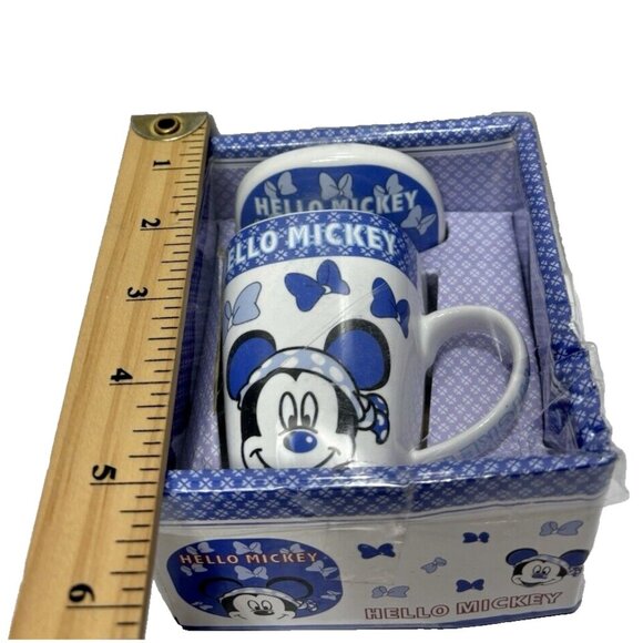 Hello Mickey Small Tea Cup With Lid Blue & White Mickey Mouse Coffee Cup/Mug New - Picture 7 of 8